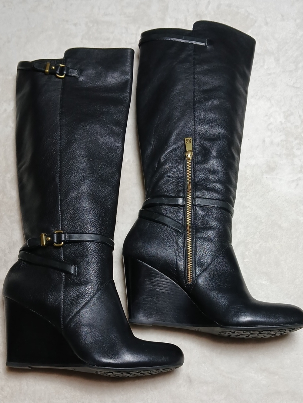 Coach Adair Tall Wedge Black Leather Boots,  Buckles Details Size 10B - Picture 3 of 13